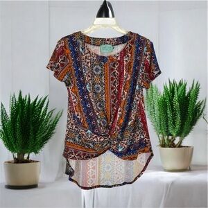 Judith March Red and Blue Twist Tie Front Asymmetrical High Low Blouse